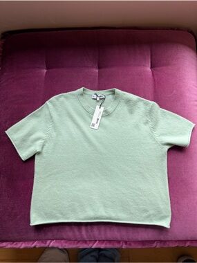 White + Warren Cashmere Cool Sage Short Sleeve Crewneck Sweater